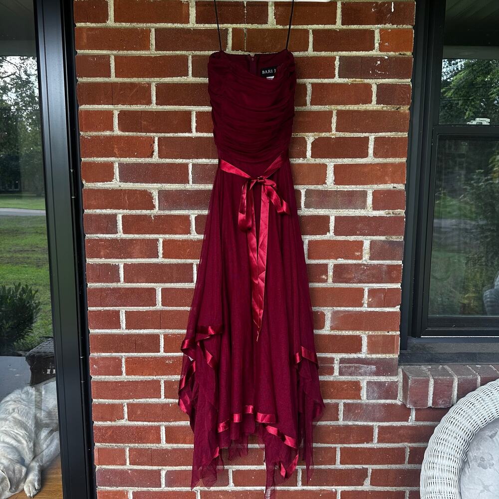 Vintage Bari Jay Burgundy Chiffon Handkerchief Hem Formal Gown Dress